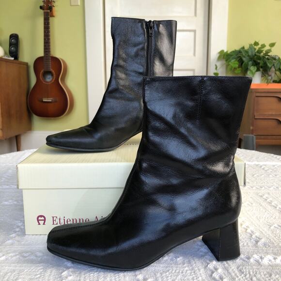 Etienne Aigner “Passaic” Black Leather Square-Toe Block-Heel Ankle Boots 6 M Y2K - Picture 1 of 15